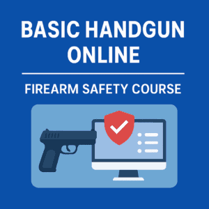 Basic Handgun Online Firearm Safety Course promotional graphic showing a handgun and computer screen with a shield icon.