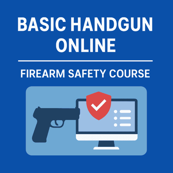 Basic Handgun Online Firearm Safety Course promotional graphic showing a handgun and computer screen with a shield icon.