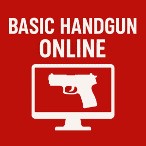 Promotional graphic for Basic Handgun Online course showing a pistol silhouette on a computer monitor against a red and black background