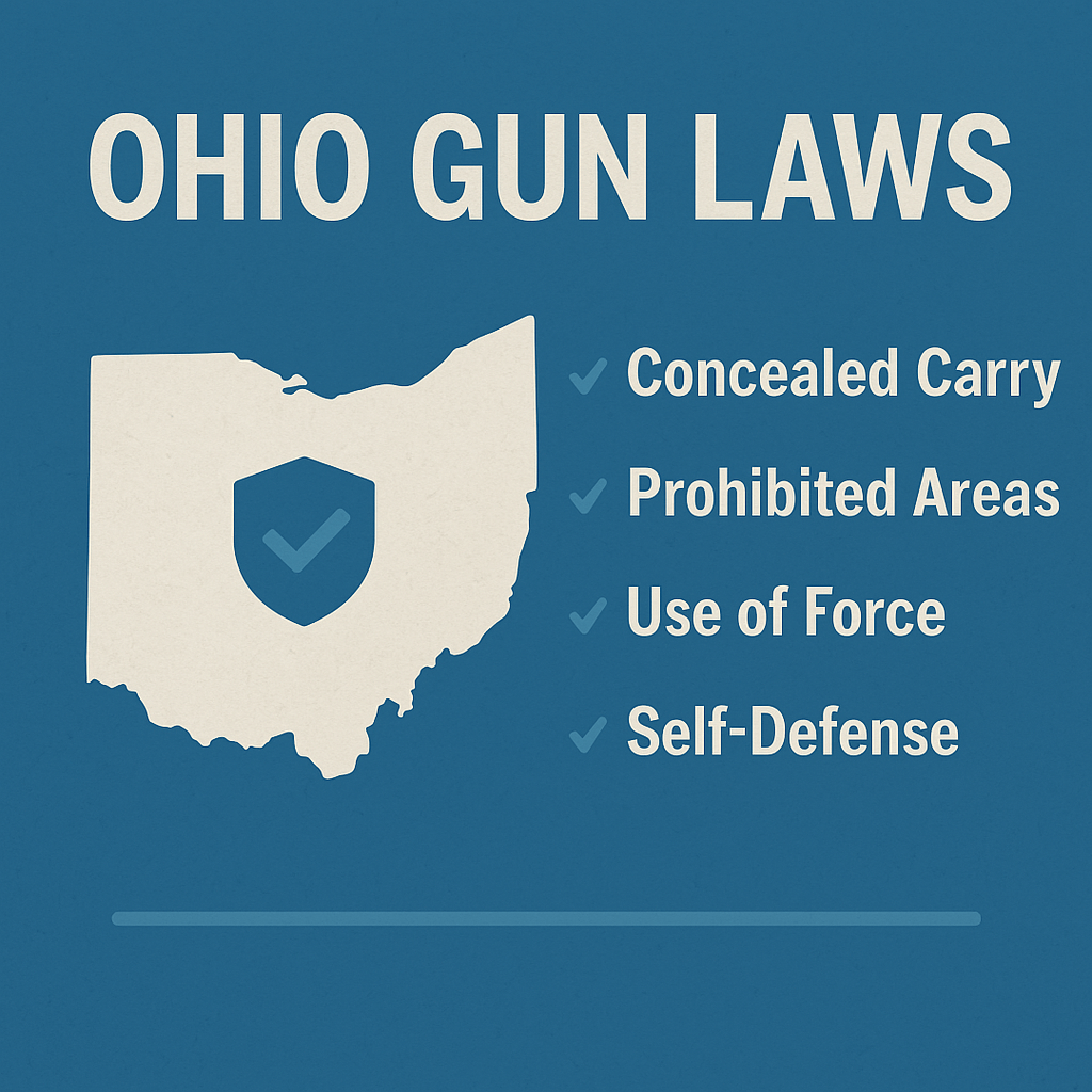 Ohio Gun Laws Overview Infographic highlighting key Ohio gun laws with an outline of the state and a bullet list of topics including concealed carry, prohibited areas, and use of force.