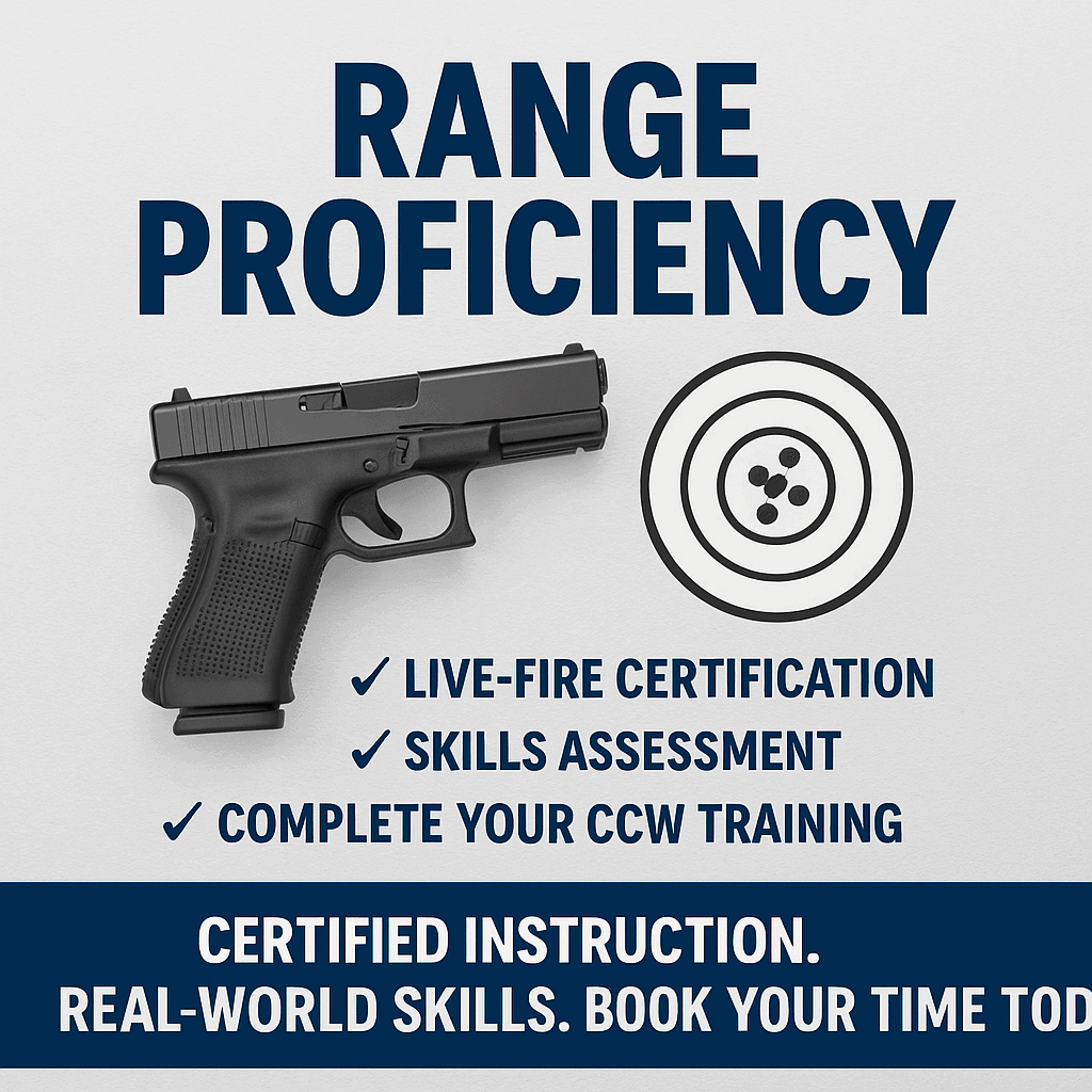 Promotional graphic for Range Proficiency training featuring a handgun and target with bullet points highlighting live-fire certification and skills assessment.