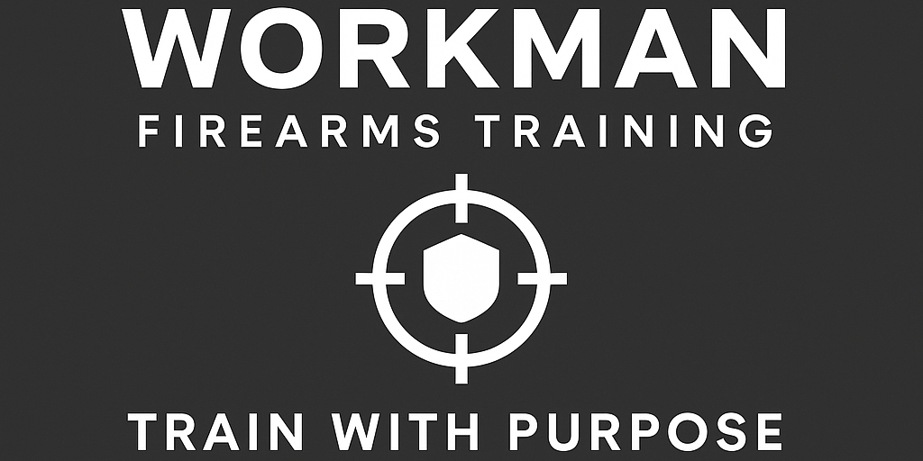 Workman Firearms Training logo with a modern crosshair design and the tagline “Train With Purpose” in a clean, monochrome style.