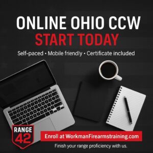 Promotional graphic for Online Ohio Concealed Carry Course showing an Ohio state outline and a laptop icon on a red and black background